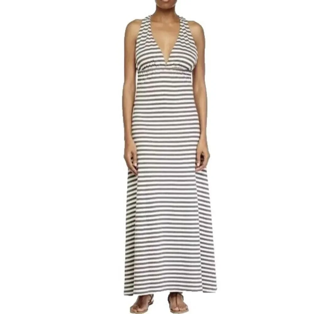 Lover + Friends Striped Grey Cream Jersey Halter Maxi Long Dress Size Large